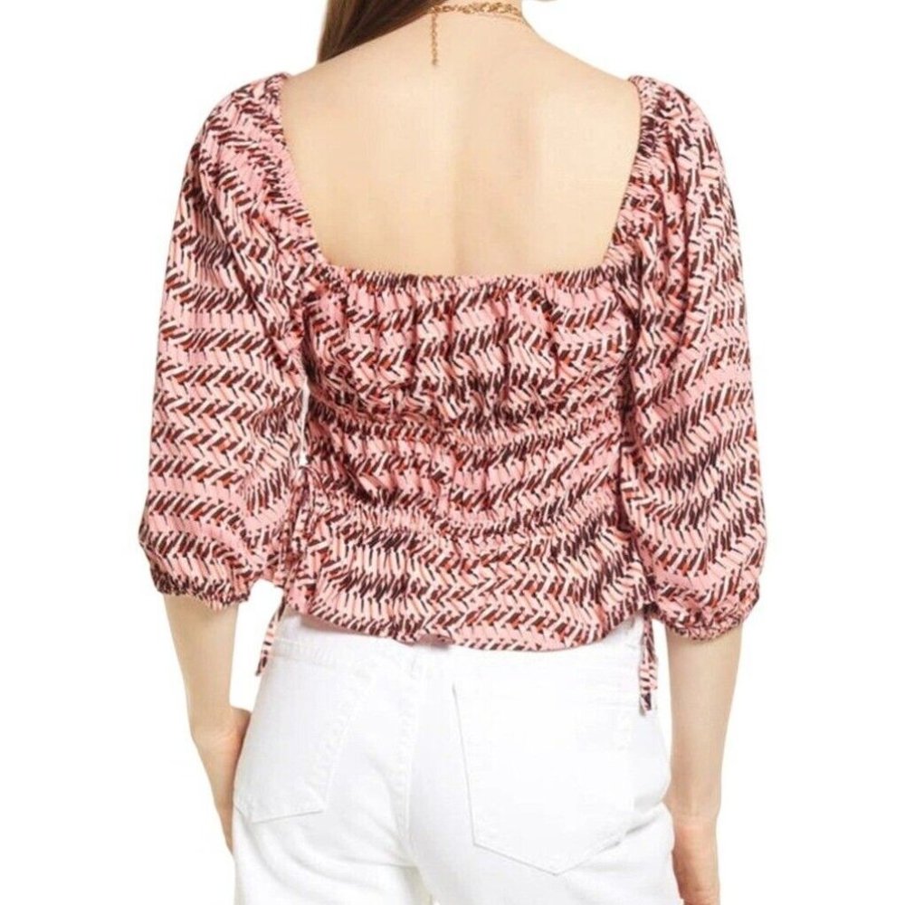 OPEN EDIT Women Shirring Detail Square Neck Top Size XS Pink Peony.Wave Geo 0095